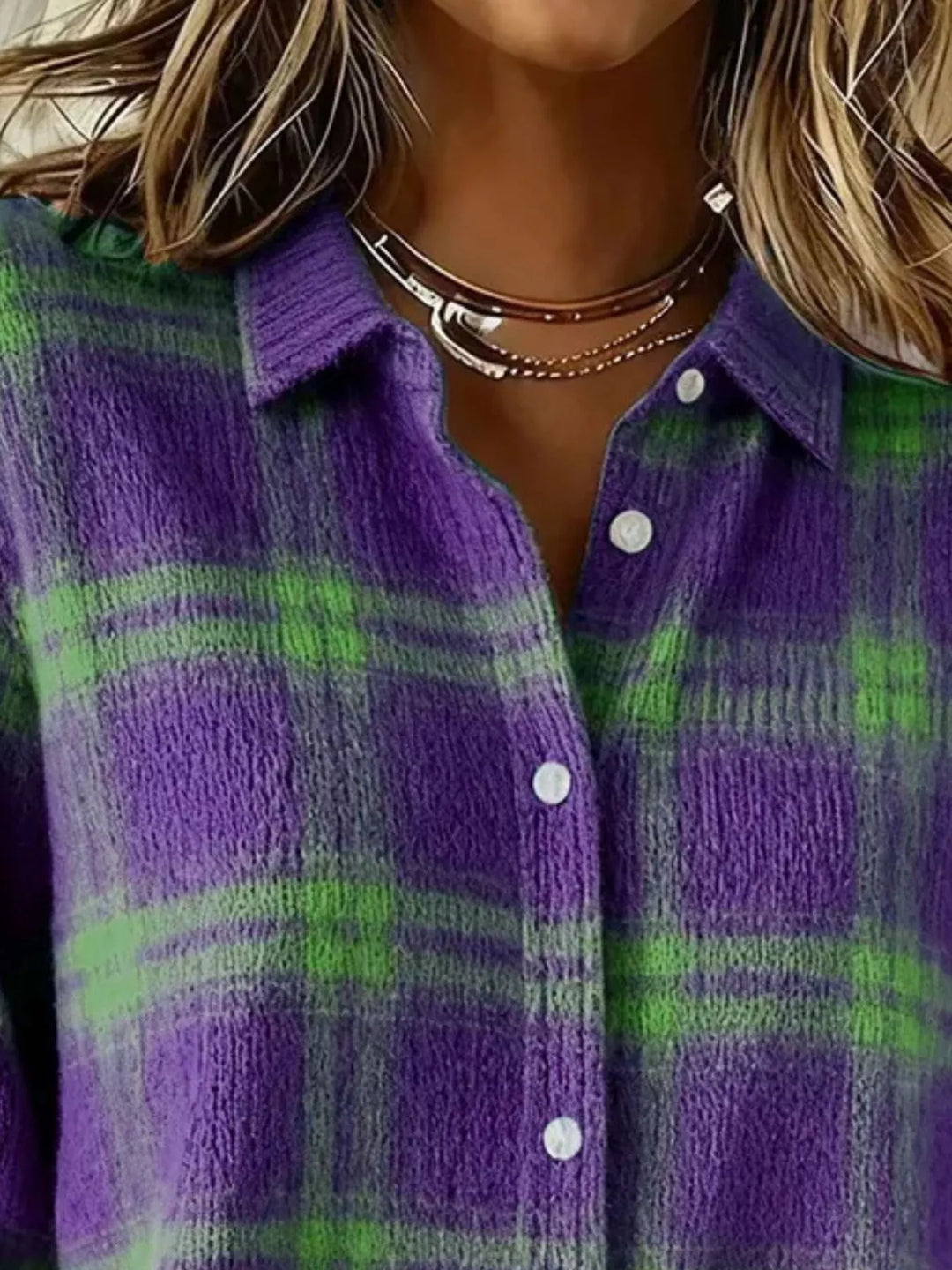 Plaid button-down knit cardigan with ribbed cuffs and hem