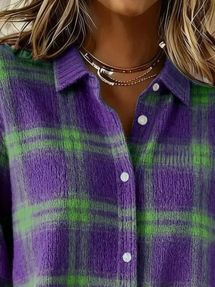 Plaid button-down knit cardigan with ribbed cuffs and hem