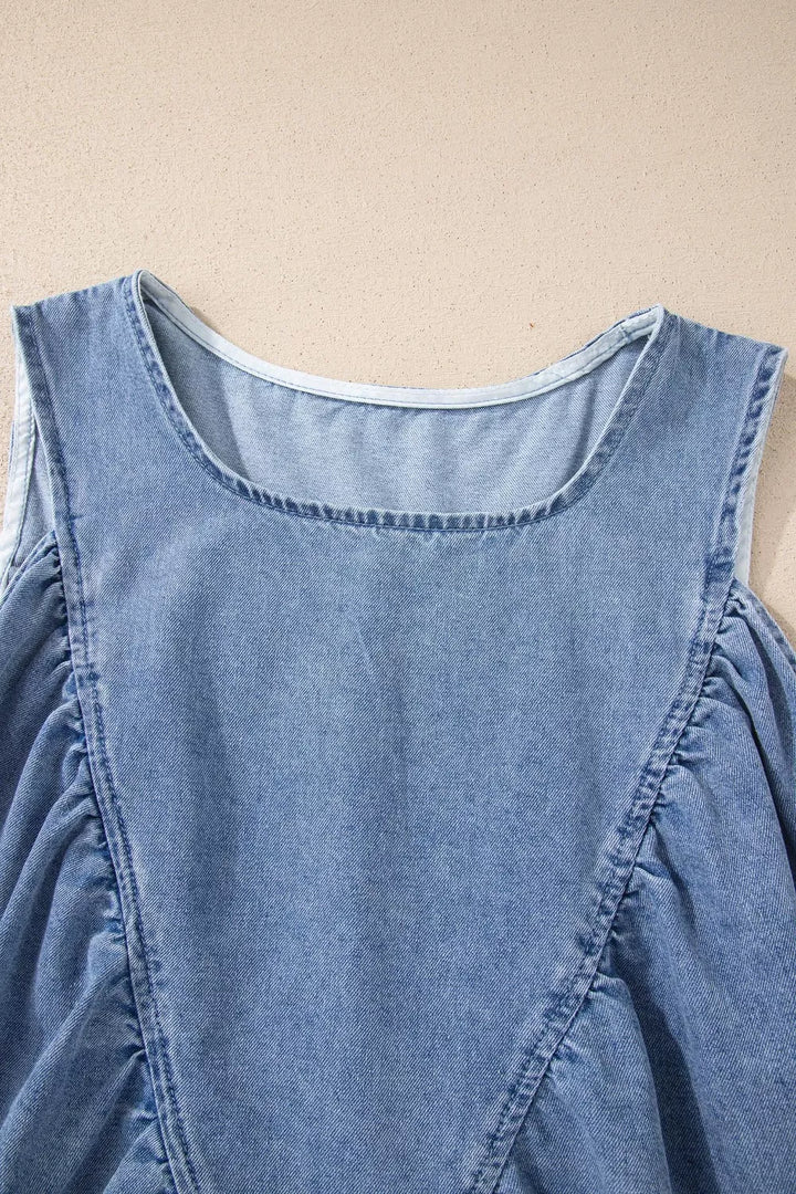 Pleated patchwork sleeveless denim swing top