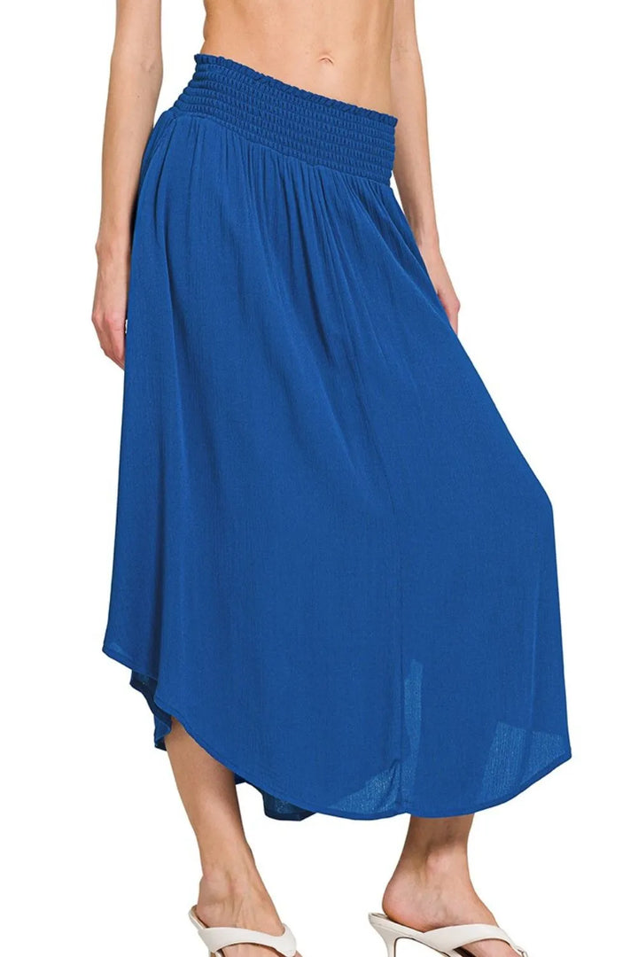 Crinkle woven high-low maxi skirt with smocked waist and pockets