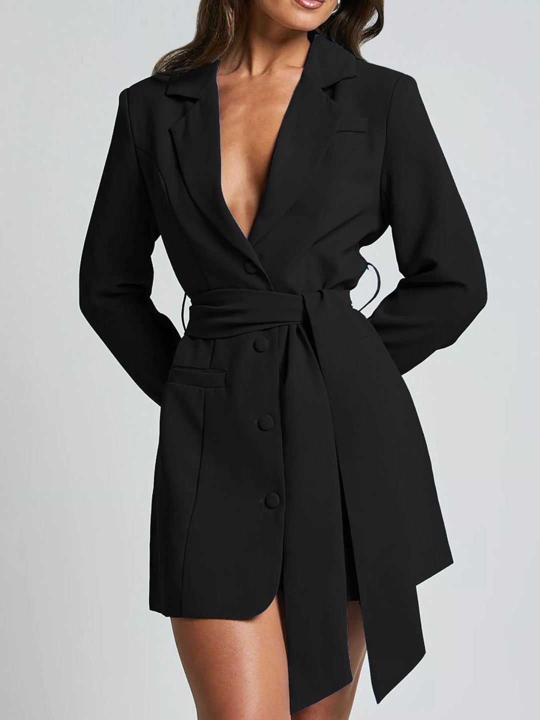 Black Tie-waist blazer dress with notch lapel and side slit