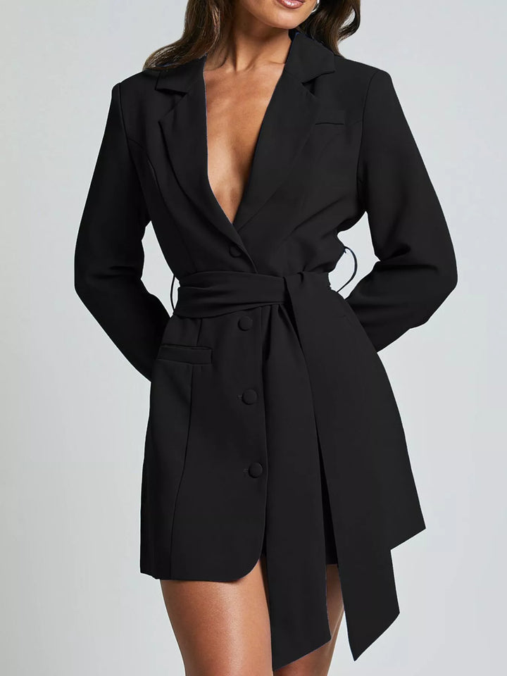 Black Tie-waist blazer dress with notch lapel and side slit