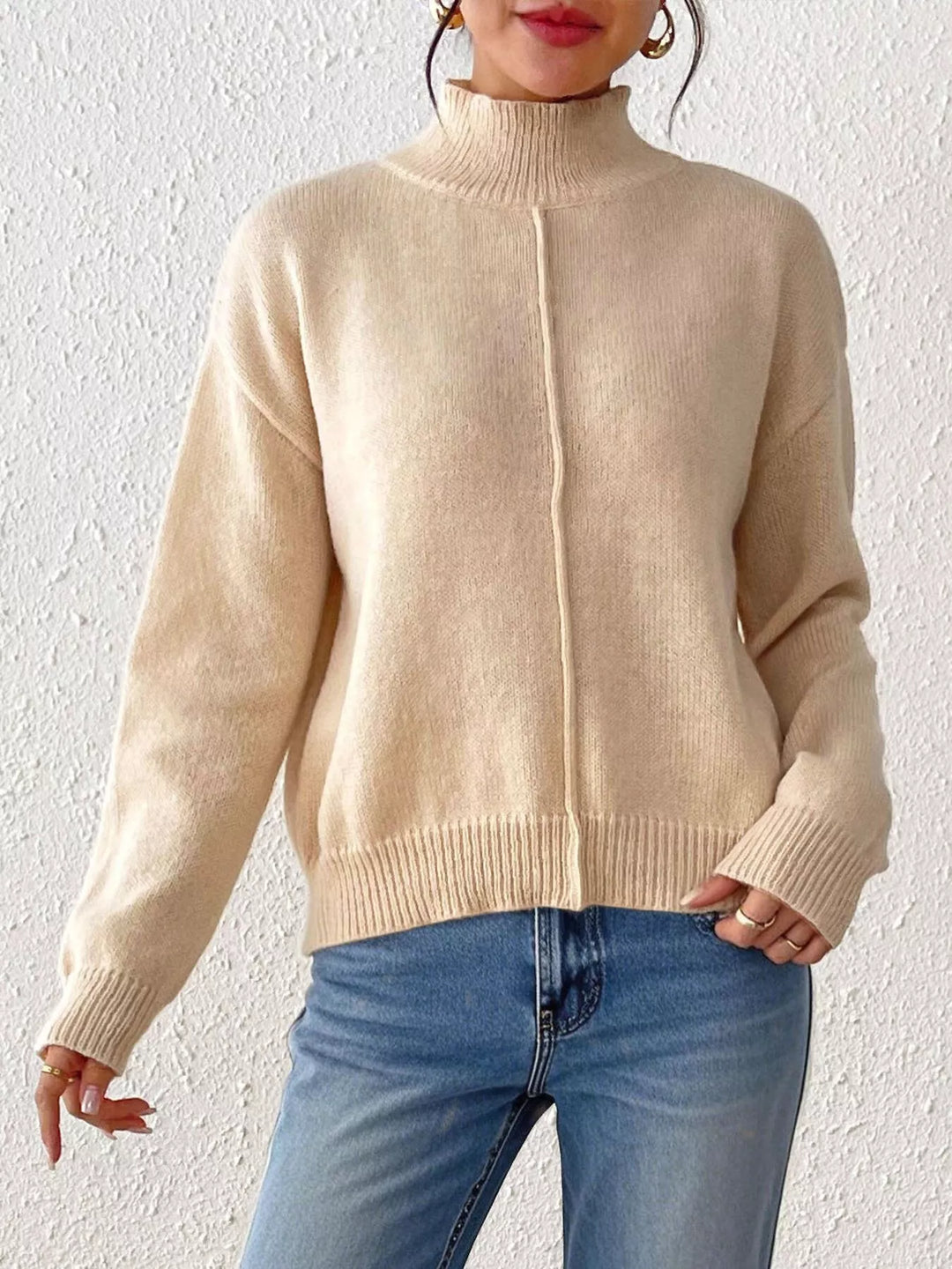 Center seam mock neck knit pullover sweater
