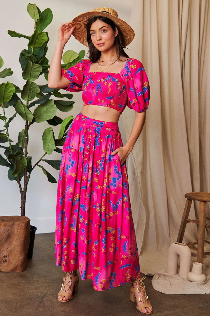 Floral smocked waistband ruffled maxi skirt with pockets