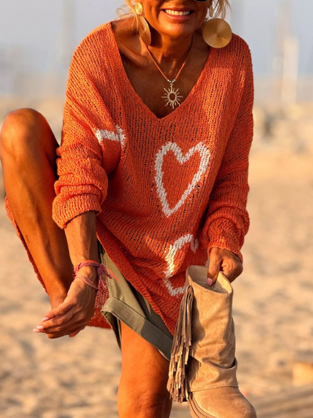 Heart motif V-neck dropped-shoulder knit sweater