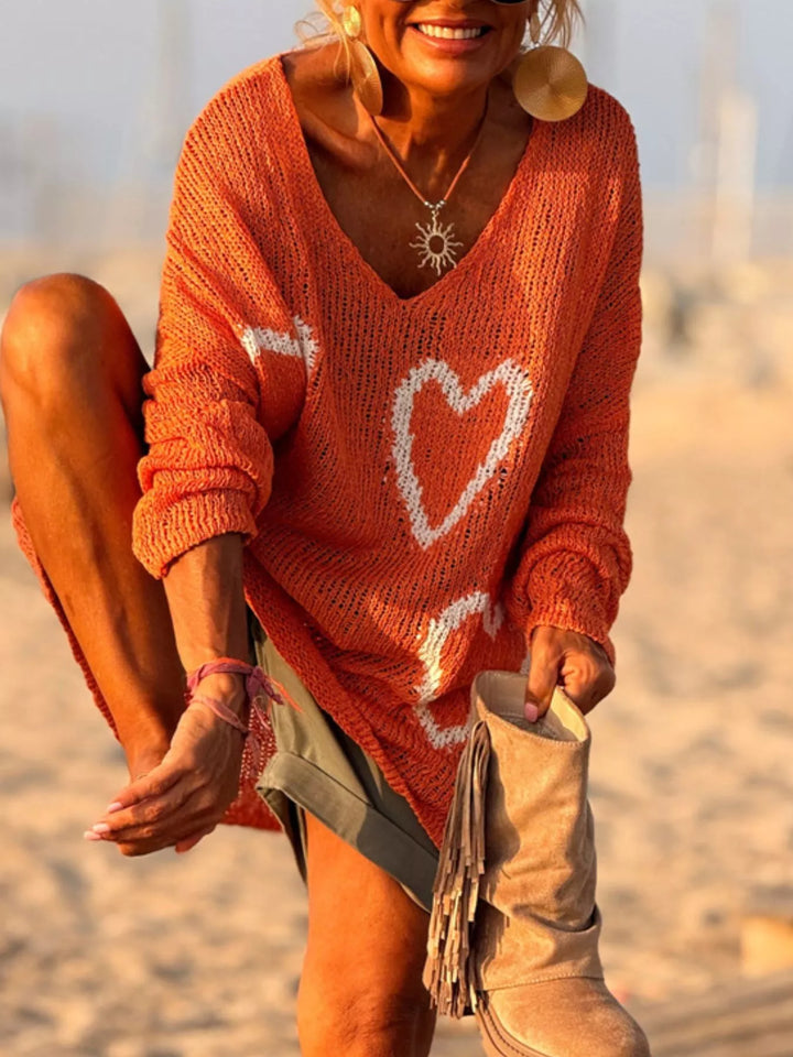 Heart motif V-neck dropped-shoulder knit sweater