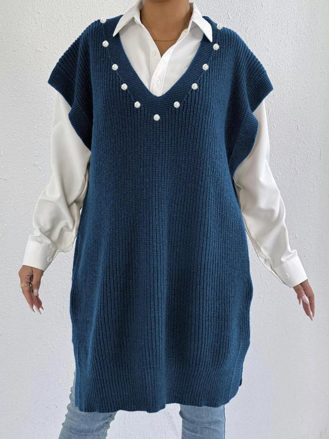 French Blue Pearl-trim V-neck ribbed sweater dress with side slits
