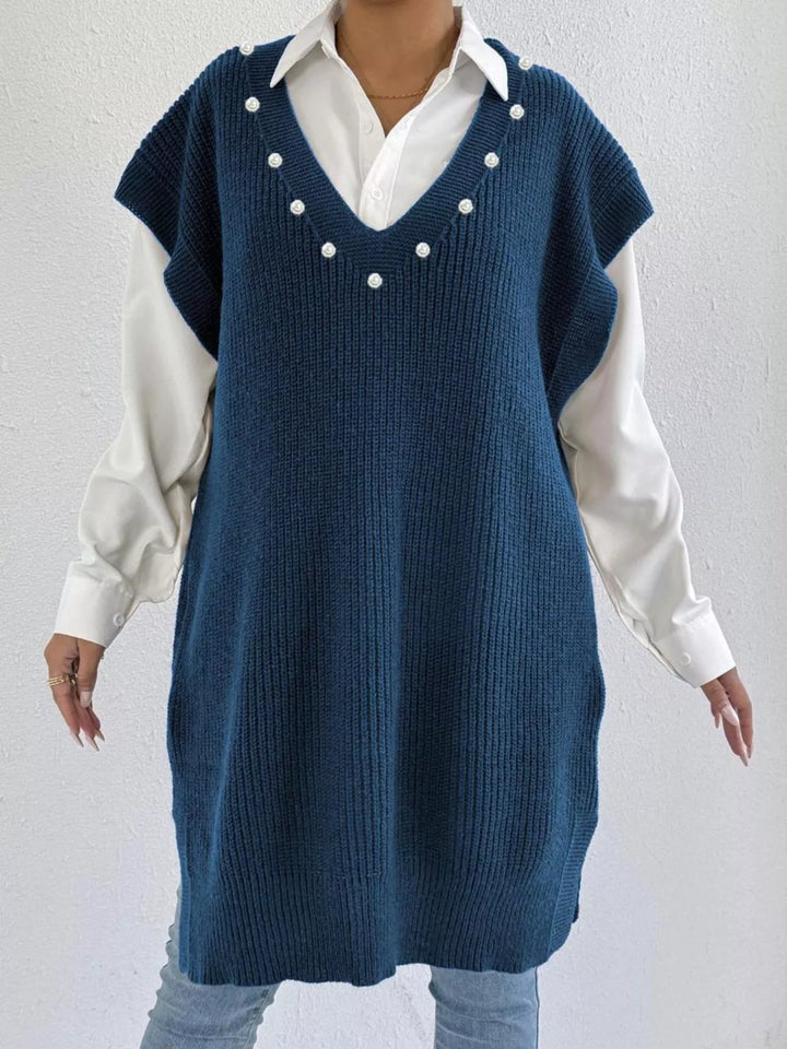 French Blue Pearl-trim V-neck ribbed sweater dress with side slits