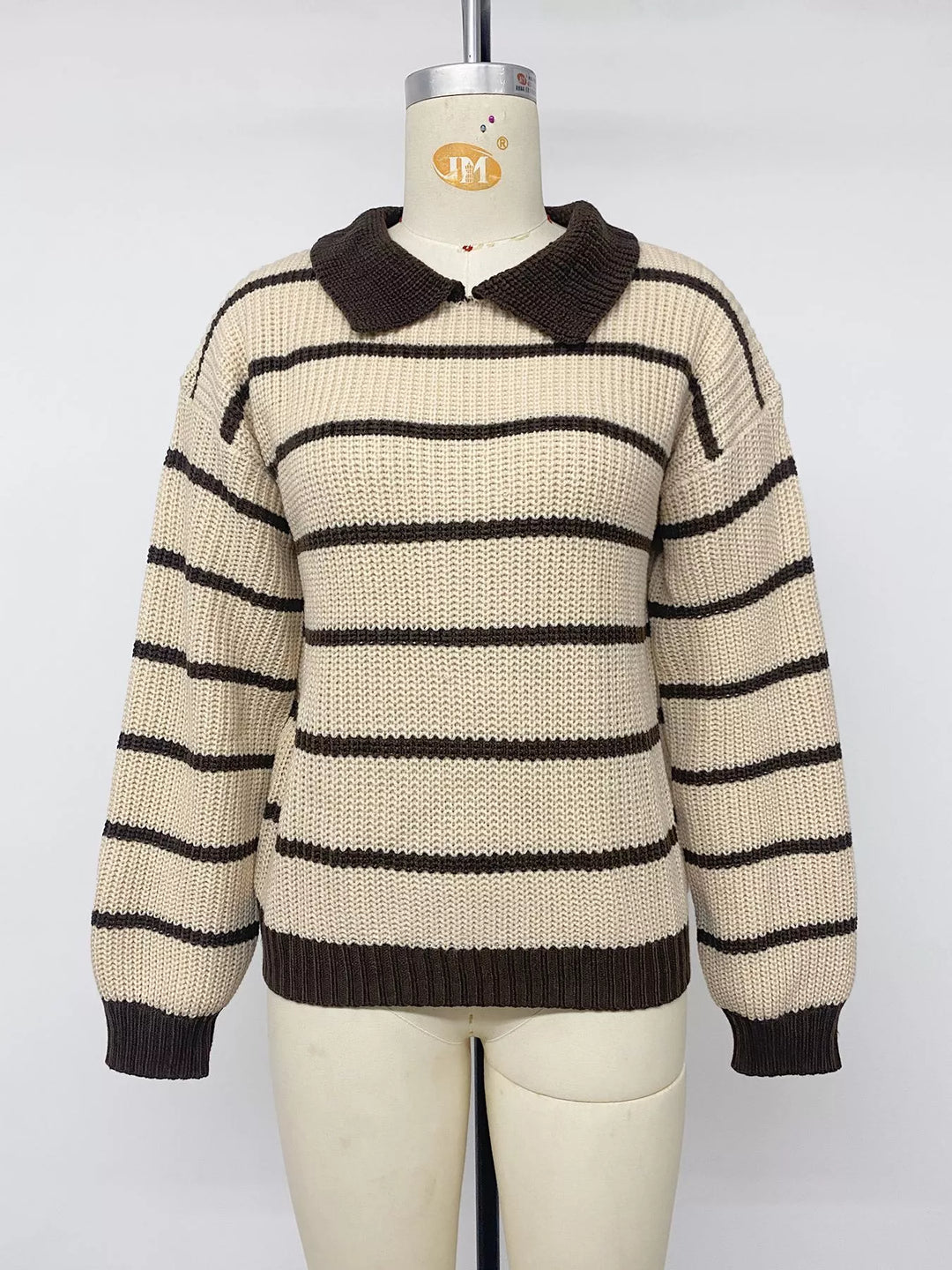 Striped waffle knit polo sweater with contrast collar