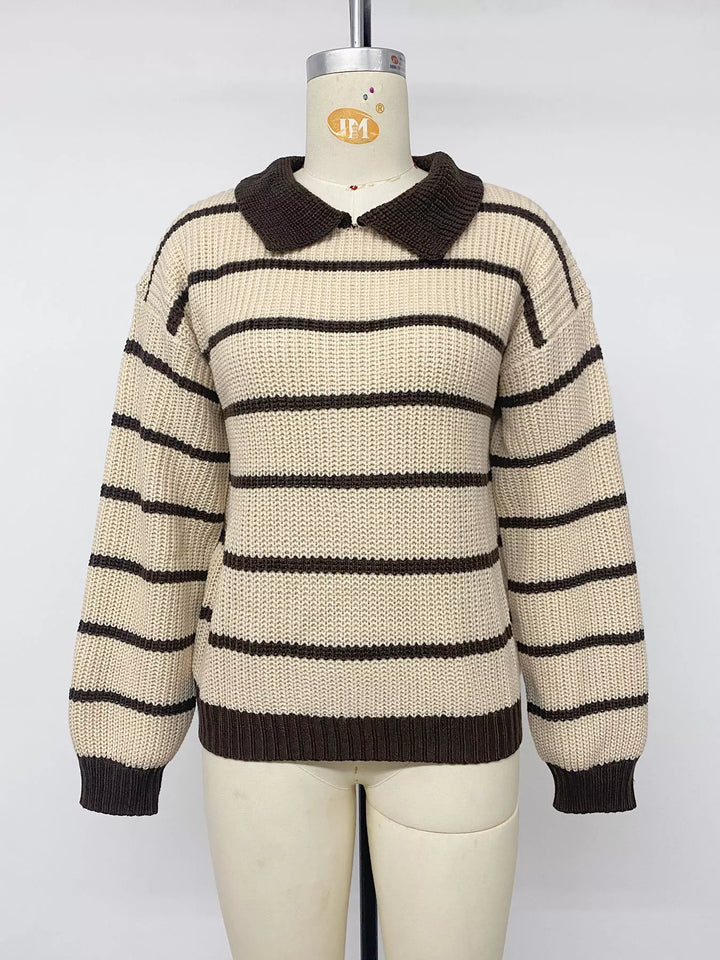 Striped waffle knit polo sweater with contrast collar