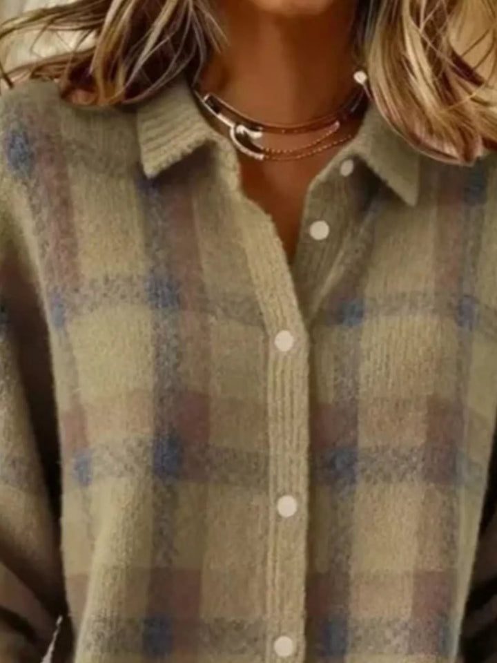 Plaid button-down knit cardigan with ribbed cuffs and hem