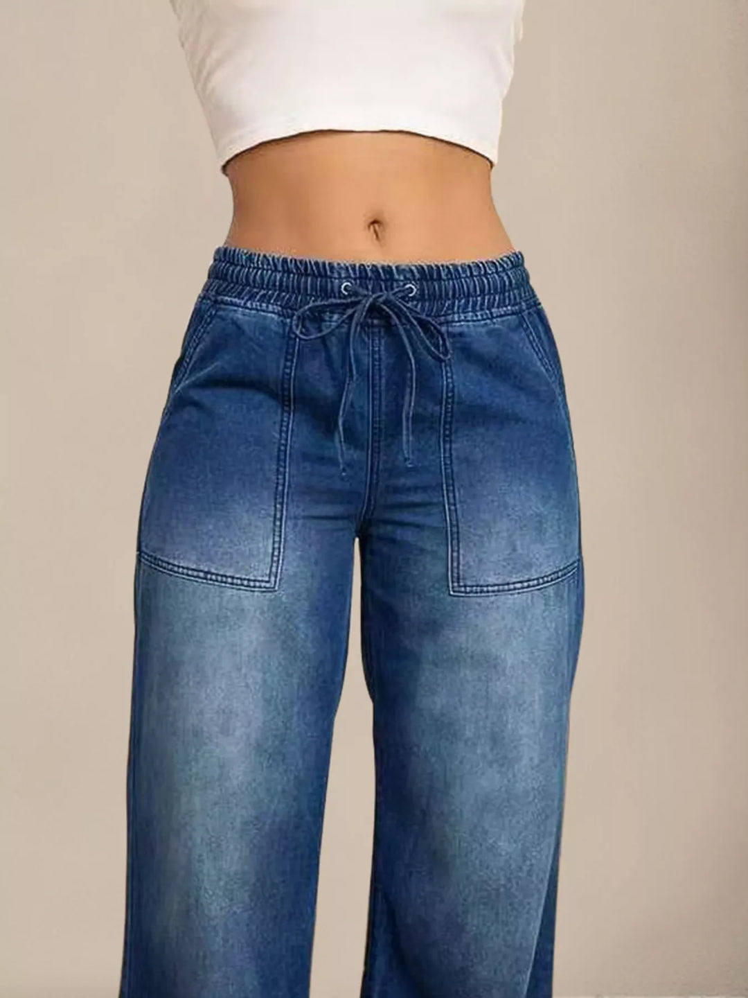 Drawstring elastic-waist wide-leg jeans with patch pockets