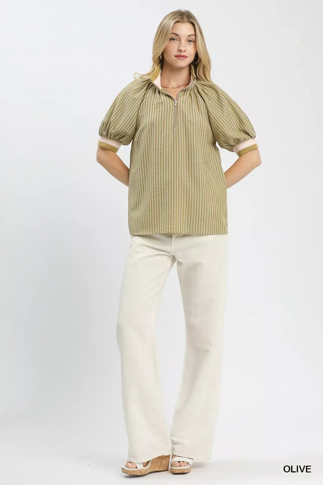 Botanical stripe half-zip blouse with puff sleeves