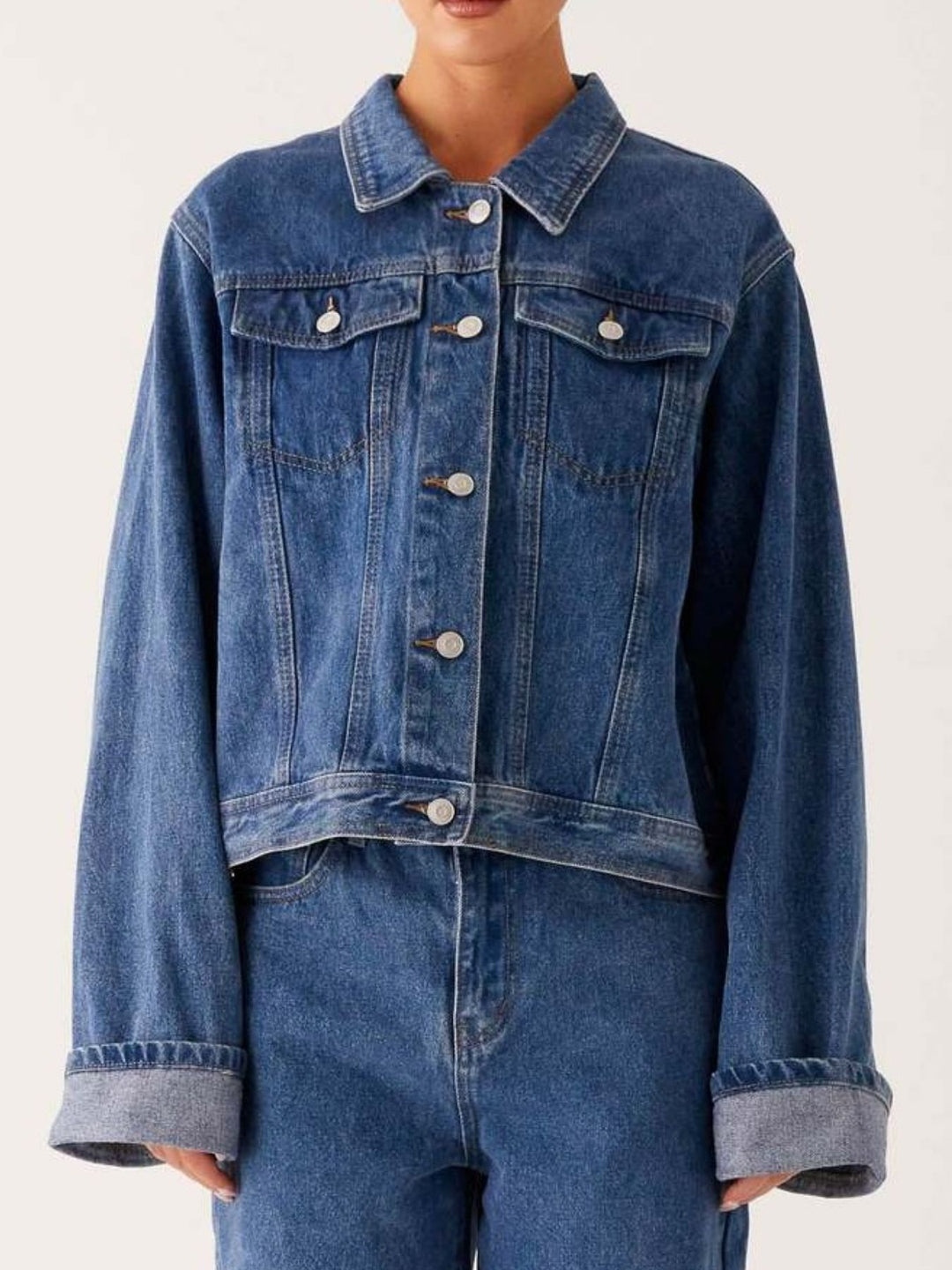 Oversized cropped denim jacket with chest flap pockets