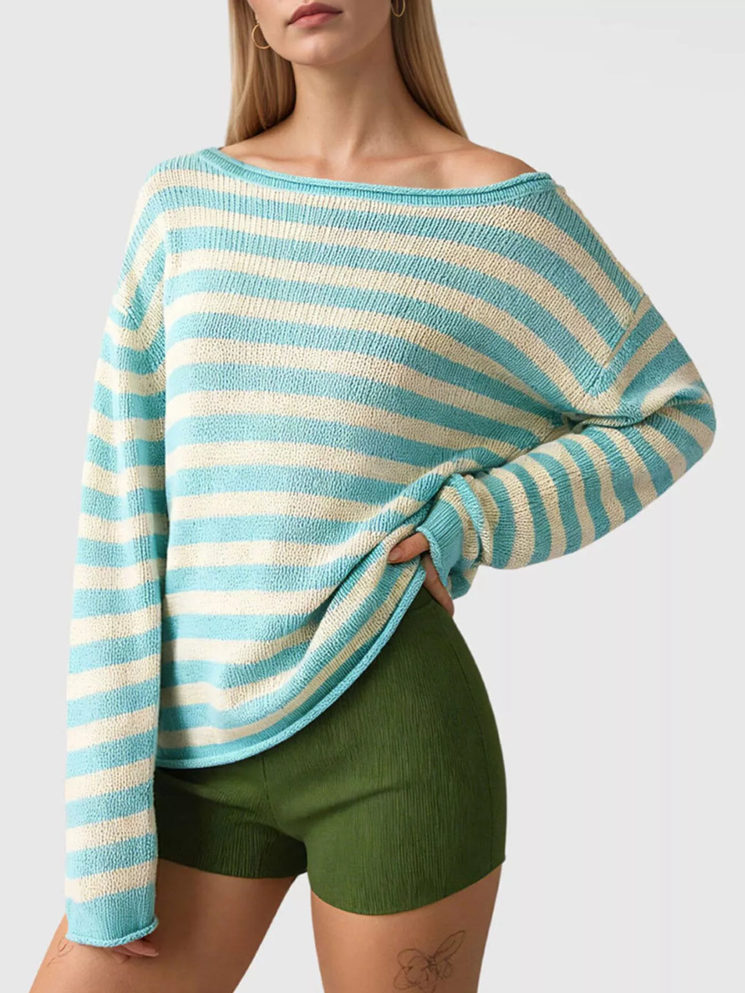 Pastel  Blue Striped oversized boat neck sweater with drop shoulders