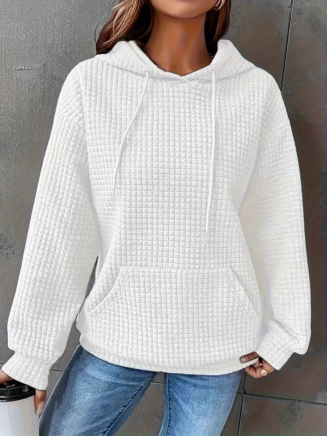 White Textured waffle knit drawstring hoodie with kangaroo pocket