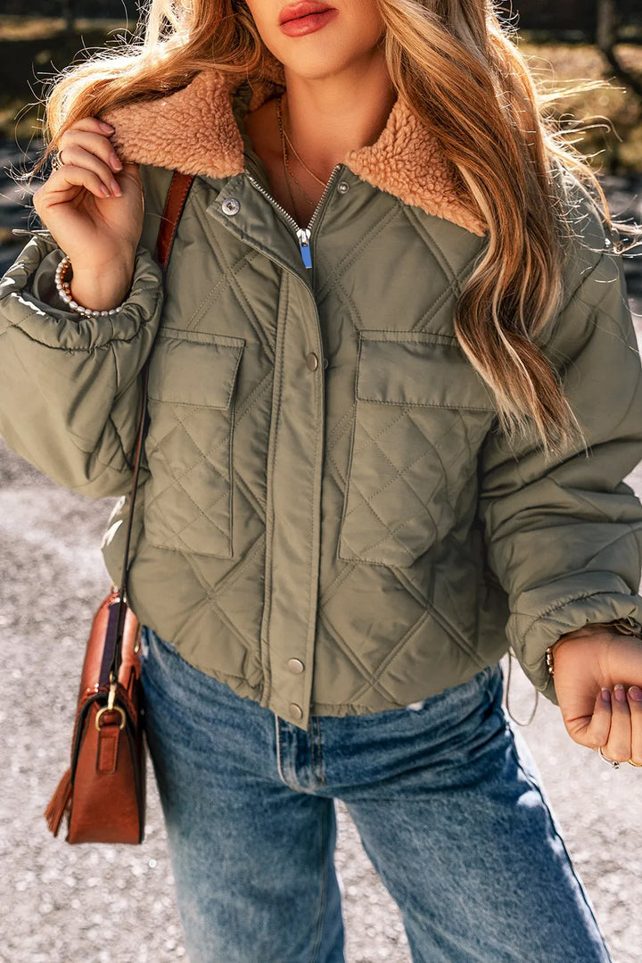 Sage Diamond quilted sherpa collar jacket with drawstring hem