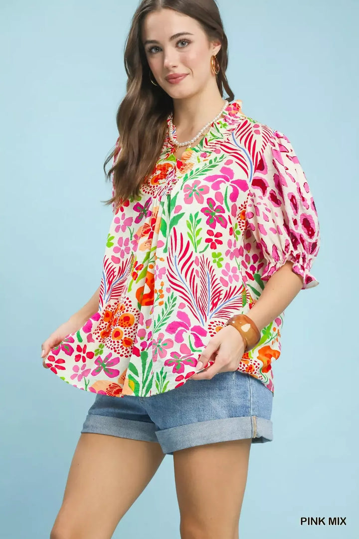 Mixed floral print puff sleeve top with ruffle V-neck