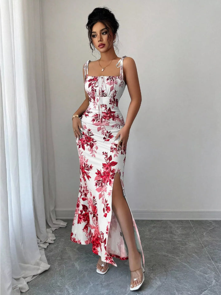 Floral print tie-strap maxi dress with side slit