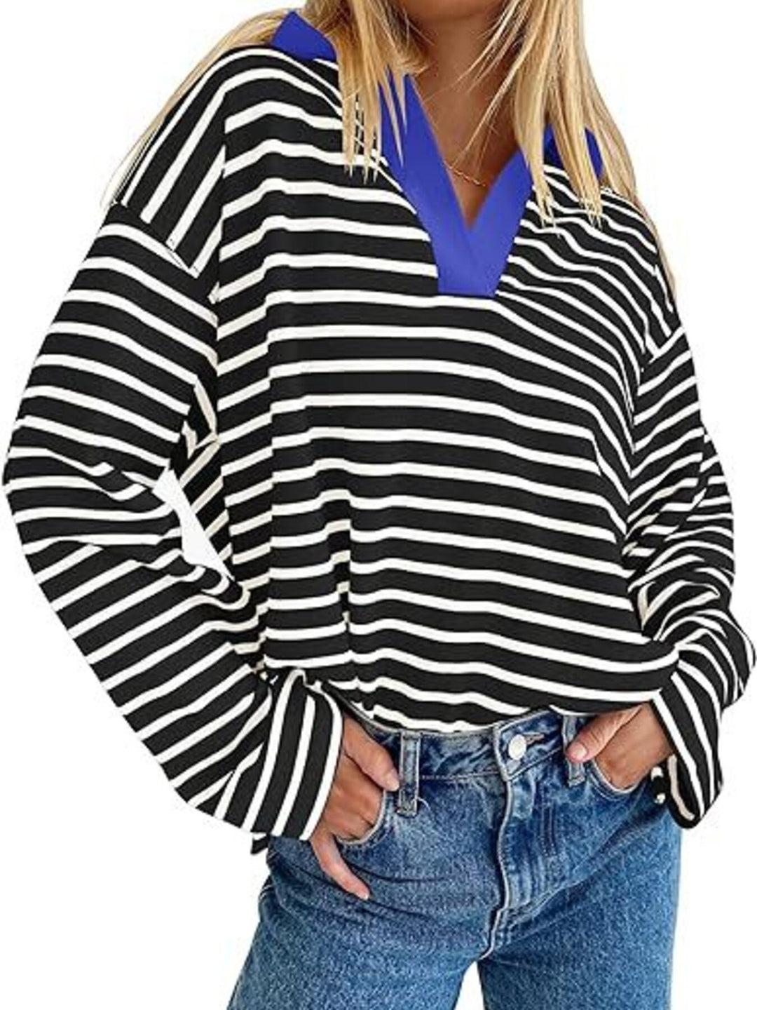 Striped oversized long sleeve top with contrast collar
