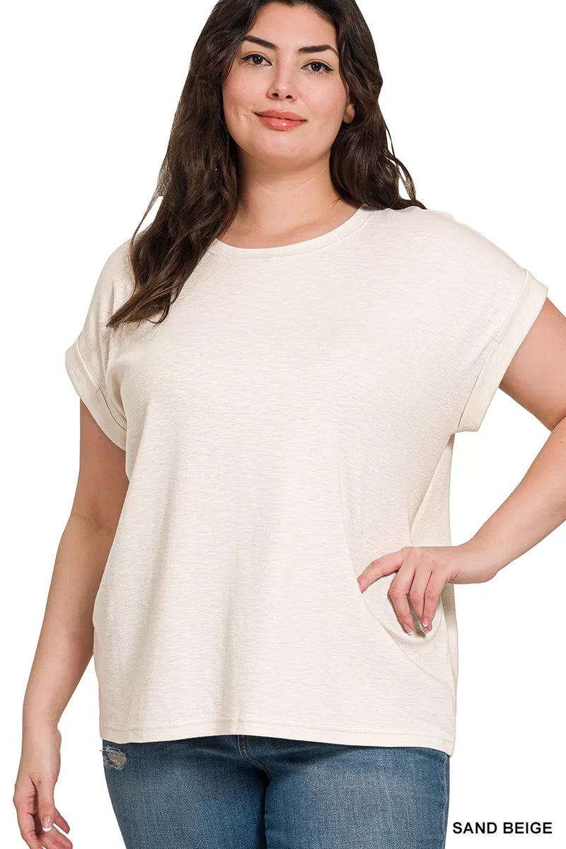 Relaxed rolled-sleeve slub knit crew neck tee