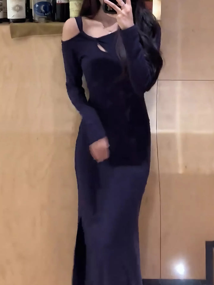 Asymmetrical cutout long sleeve bodycon maxi dress