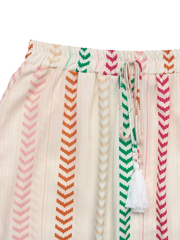 Striped print tiered maxi skirt with tassel tie waist