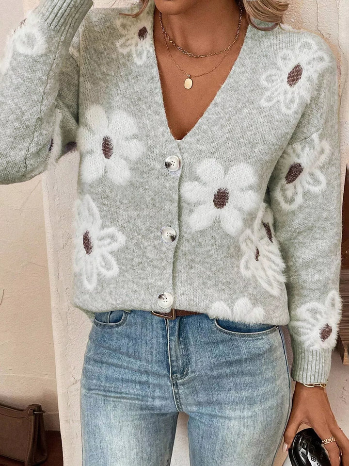 Light Gray Fuzzy floral knit button-up V-neck cardigan