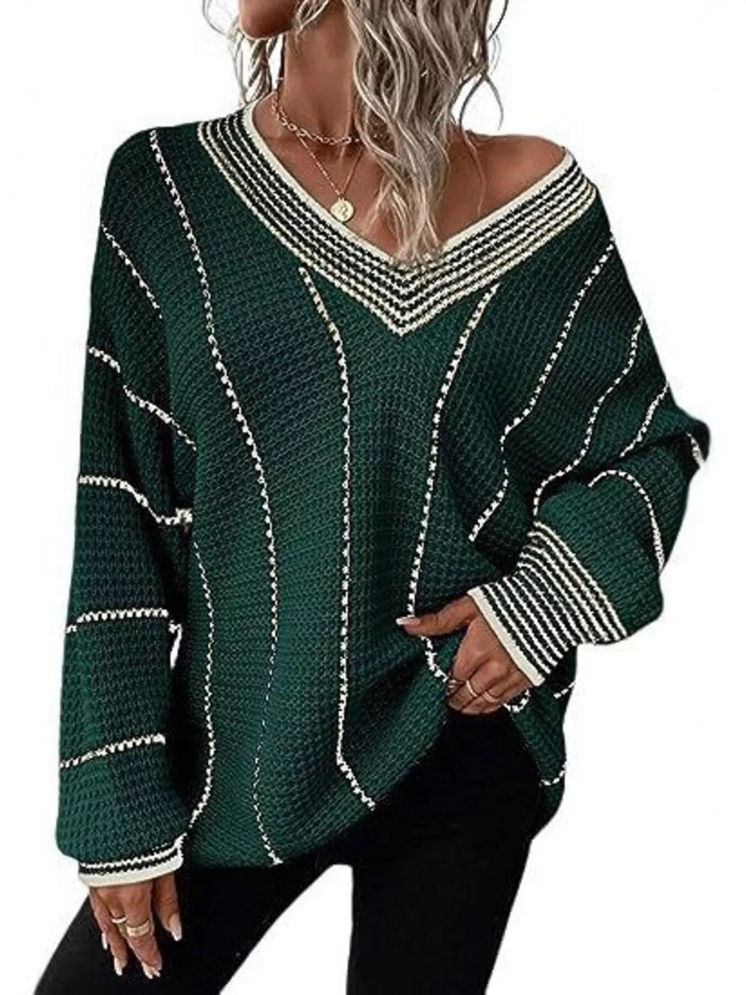 Green Waffle knit V-neck sweater with contrast stripe trim