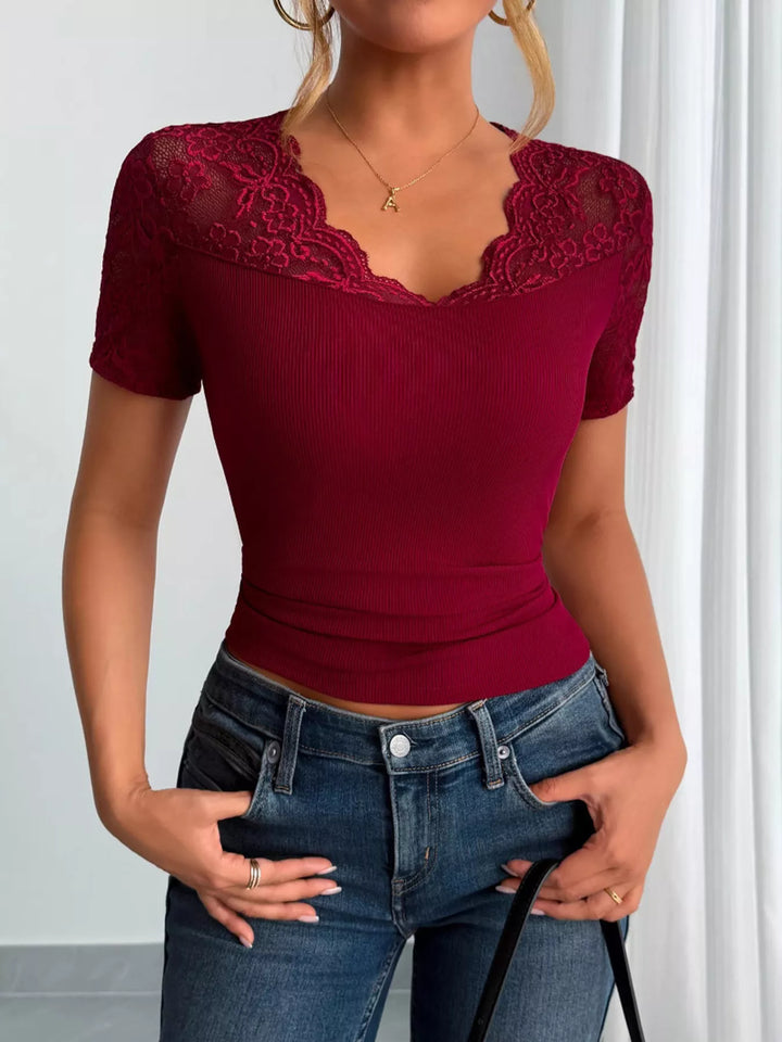 Lace trim V-neck ribbed fitted top with short sleeves