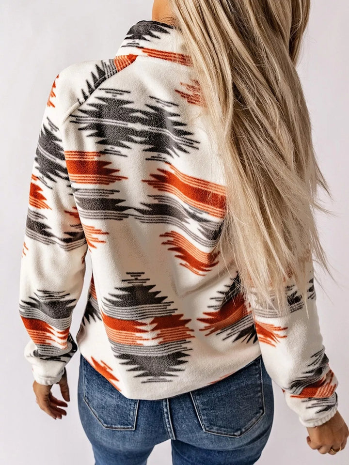 Aztec print fleece snap-front jacket with zip chest pocket