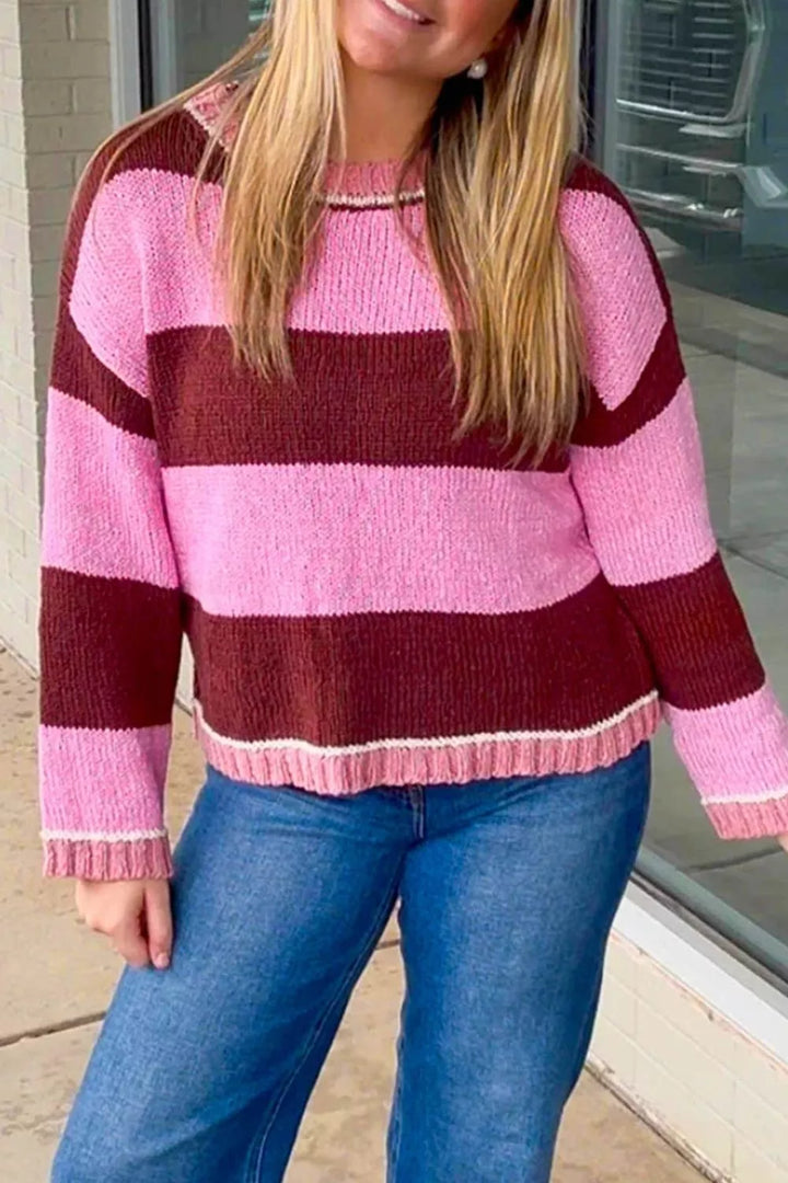 Wide stripe drop shoulder crew neck knit pullover sweater