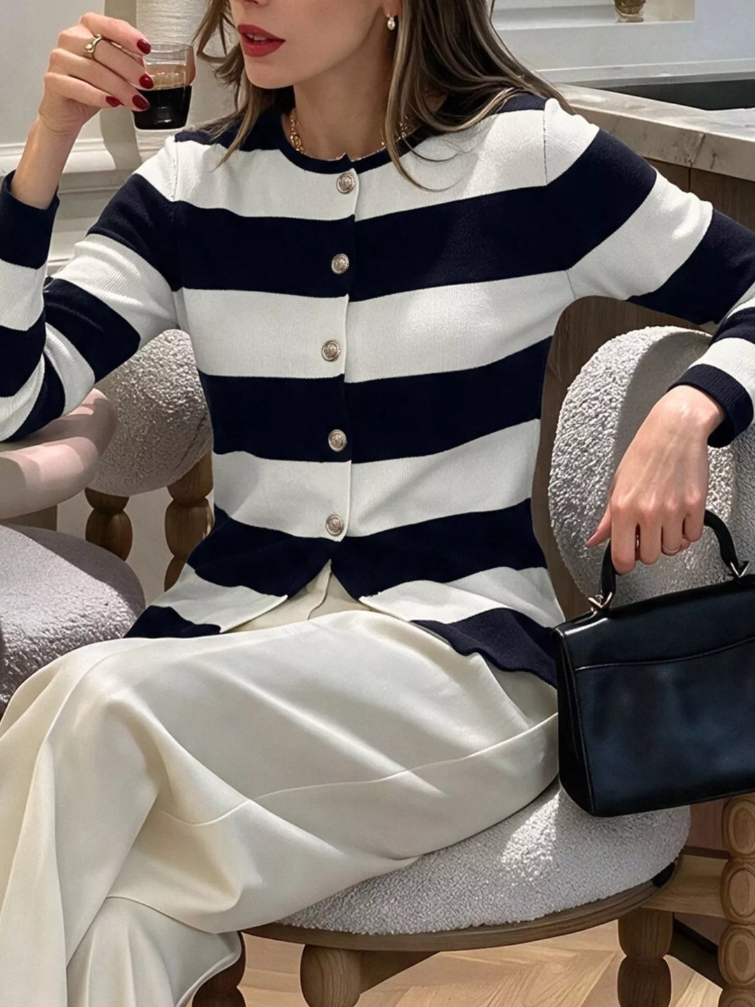 Wide stripe knit cardigan with gold crest buttons