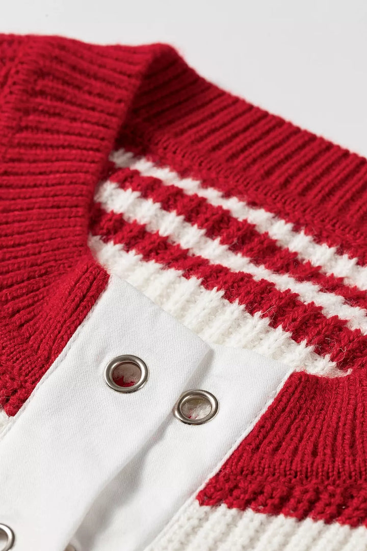 Striped rib knit henley sweater with snap button placket