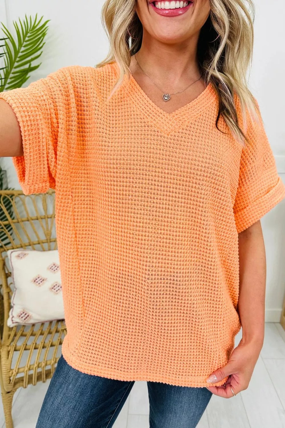 Sherbet Waffle knit V-neck tee with cuffed short sleeves