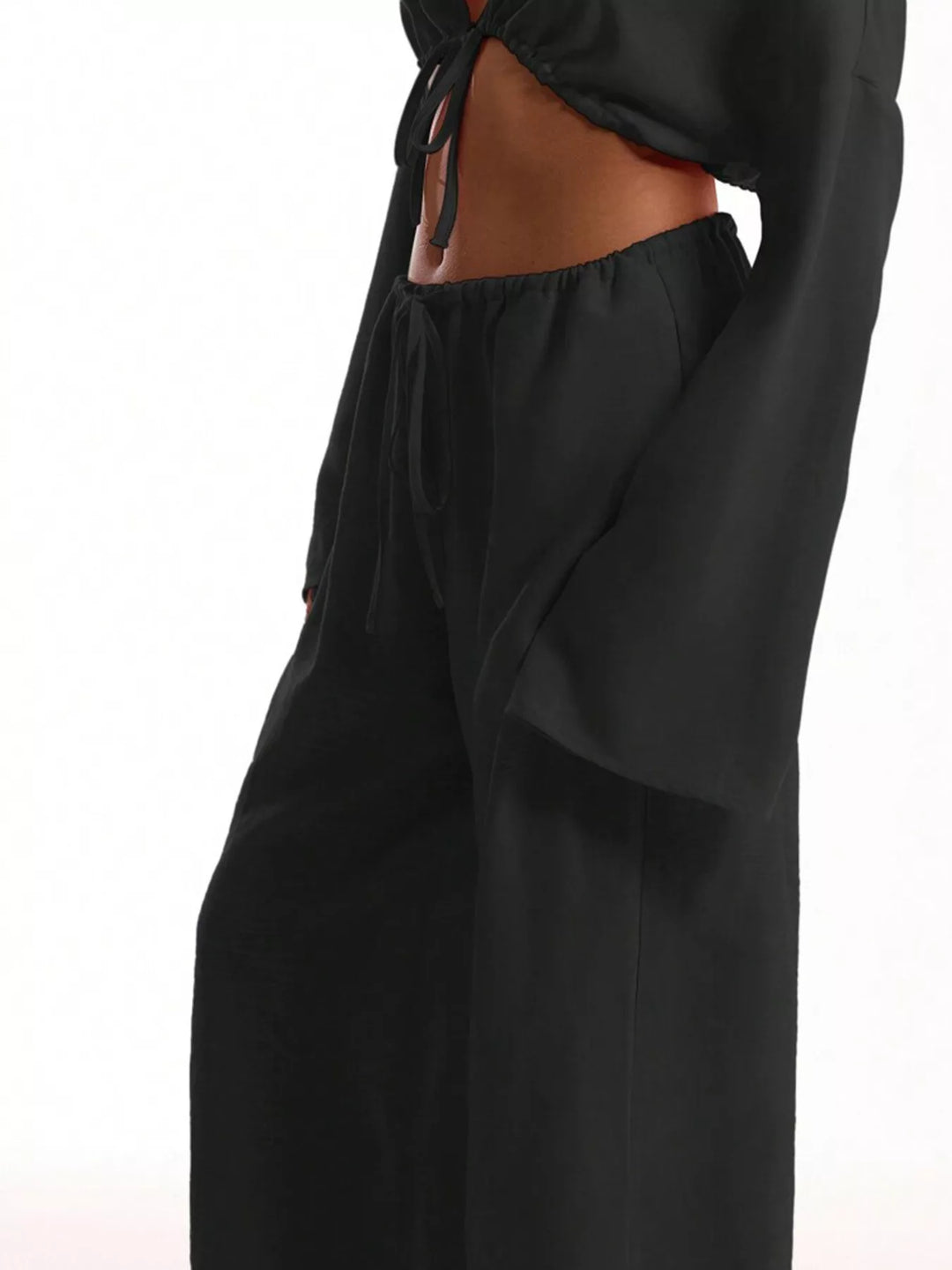 Linen-look drawstring wide-leg pants with side pockets