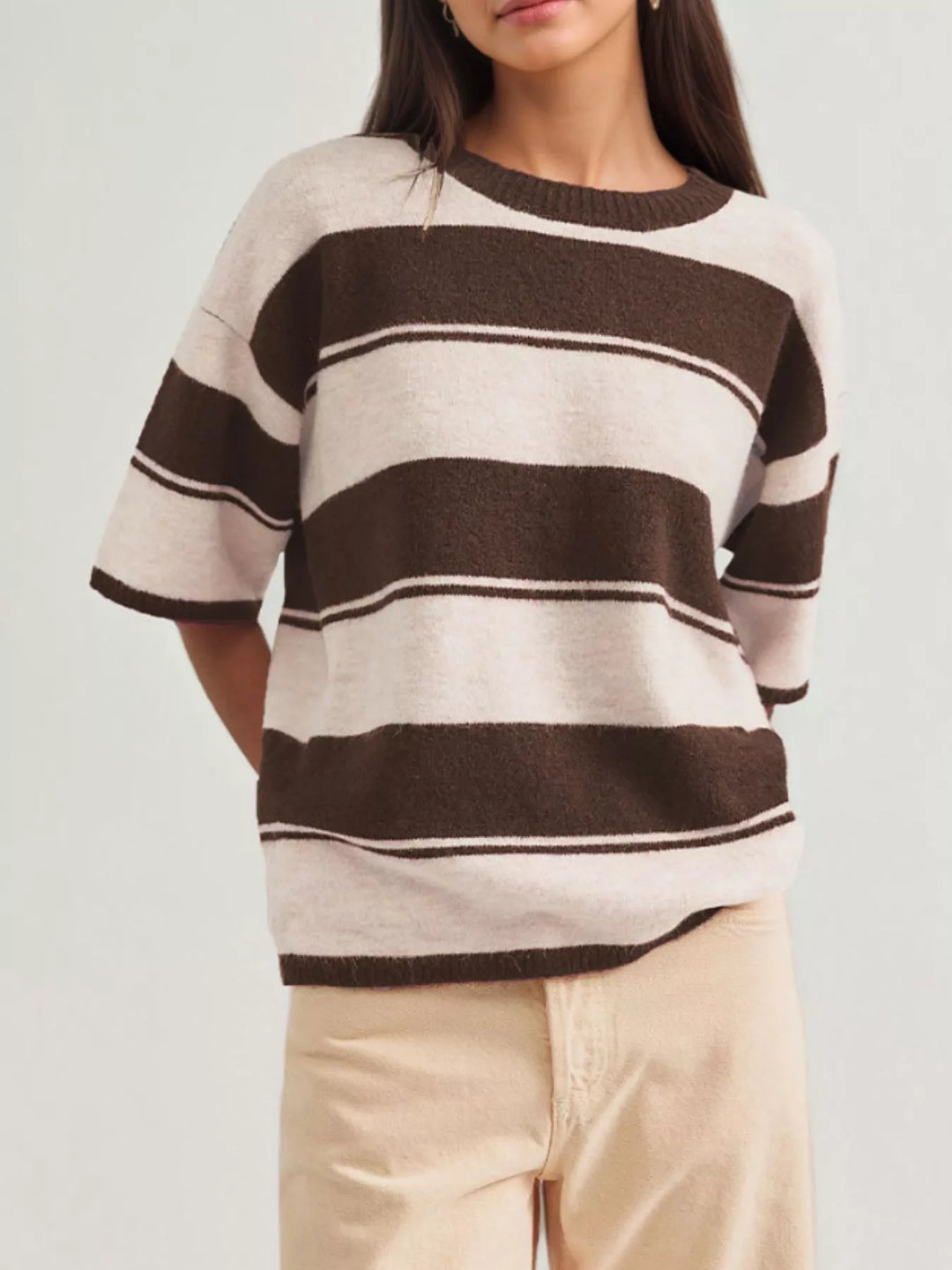 Brown Striped short sleeve knit sweater with ribbed trim