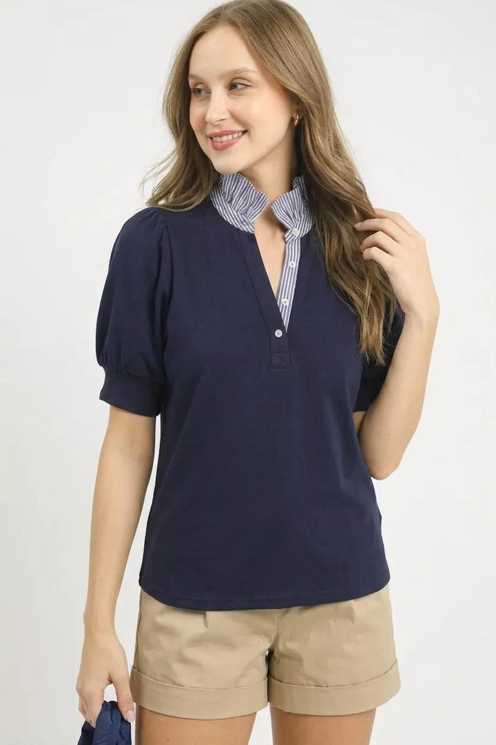 Striped ruffle collar puff sleeve popover top