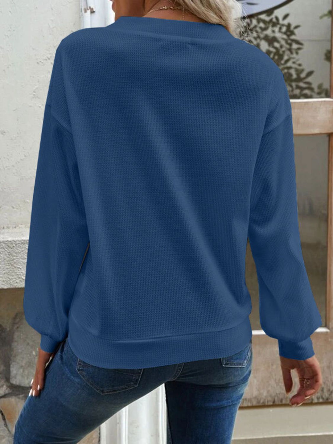 Waffle-knit V-neck button-front top with dropped shoulders