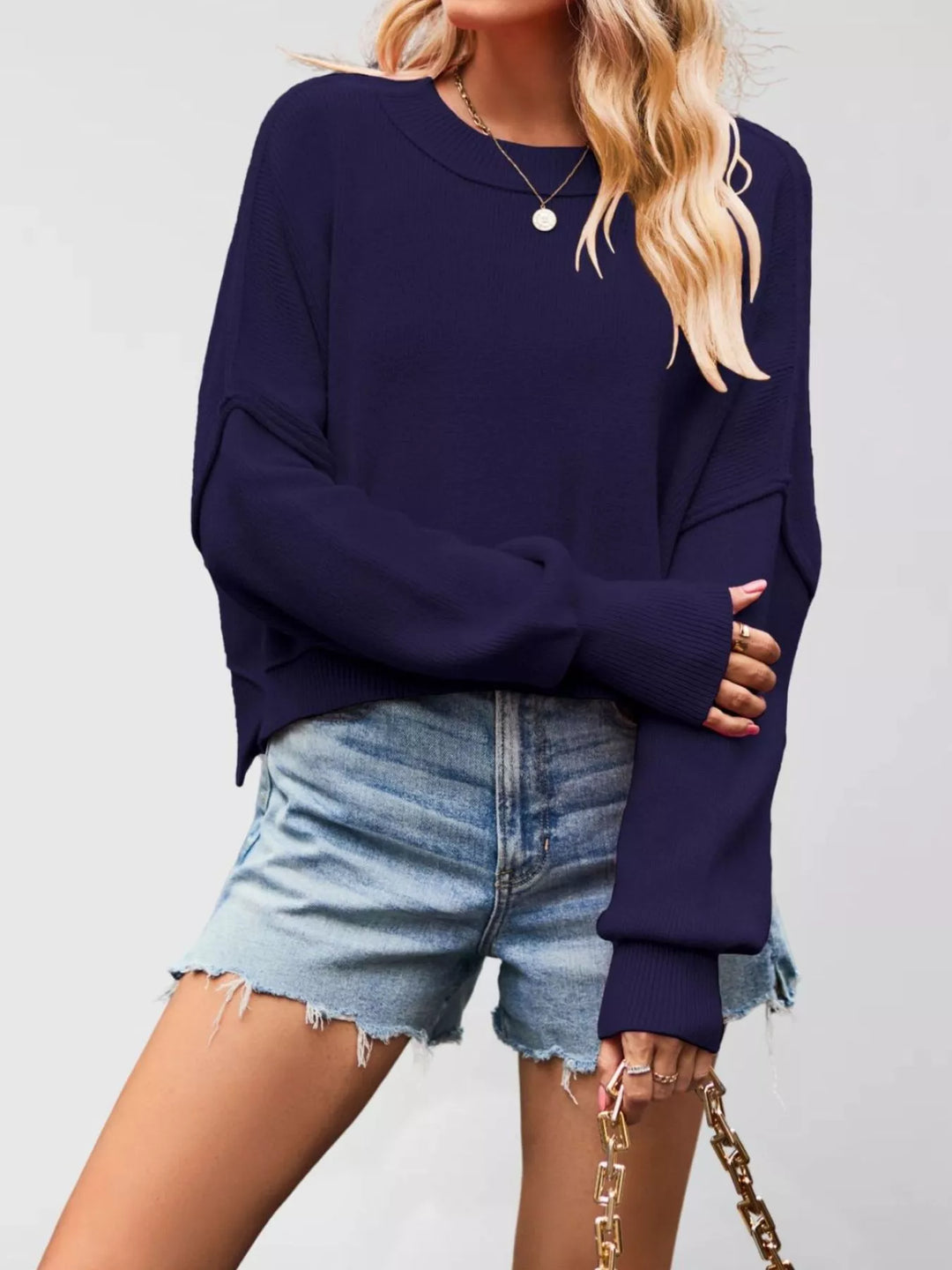 Dark Purple Dropped shoulder crew neck sweater with ribbed raw hem