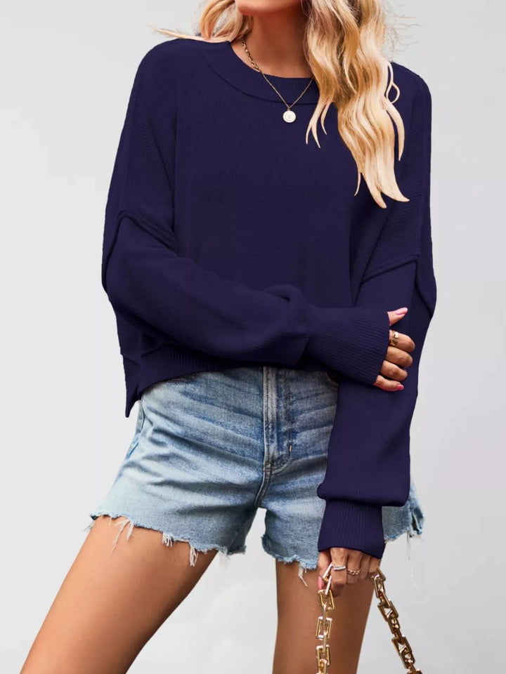 Dark Purple Dropped shoulder crew neck sweater with ribbed raw hem