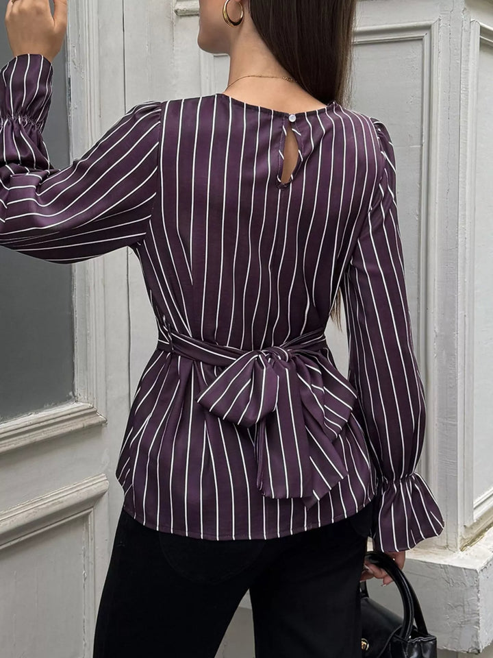 Striped tie-waist blouse with flounce bell sleeves