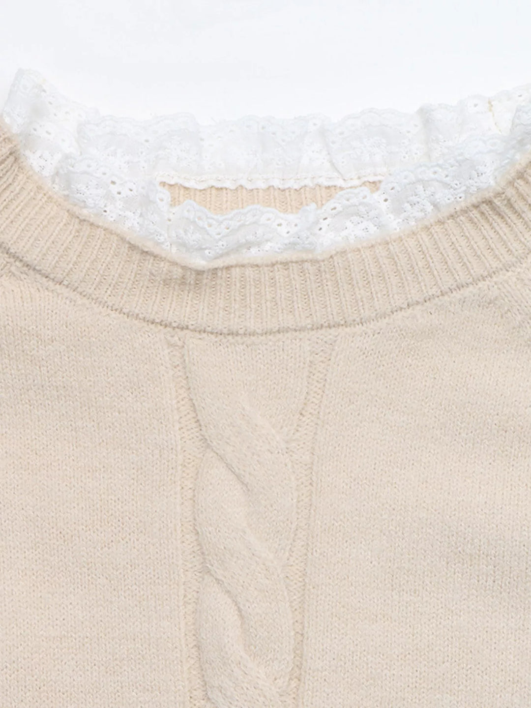 Cable knit raglan sweater dress with lace trim neckline