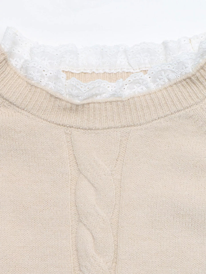 Cable knit raglan sweater dress with lace trim neckline