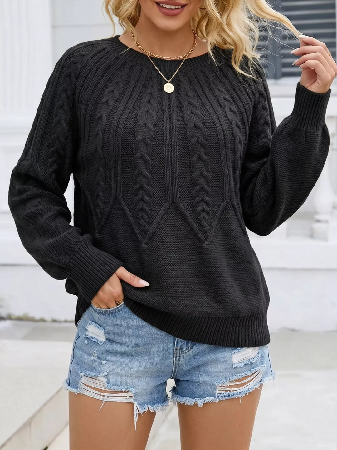 Black Braided cable knit crew neck pullover sweater