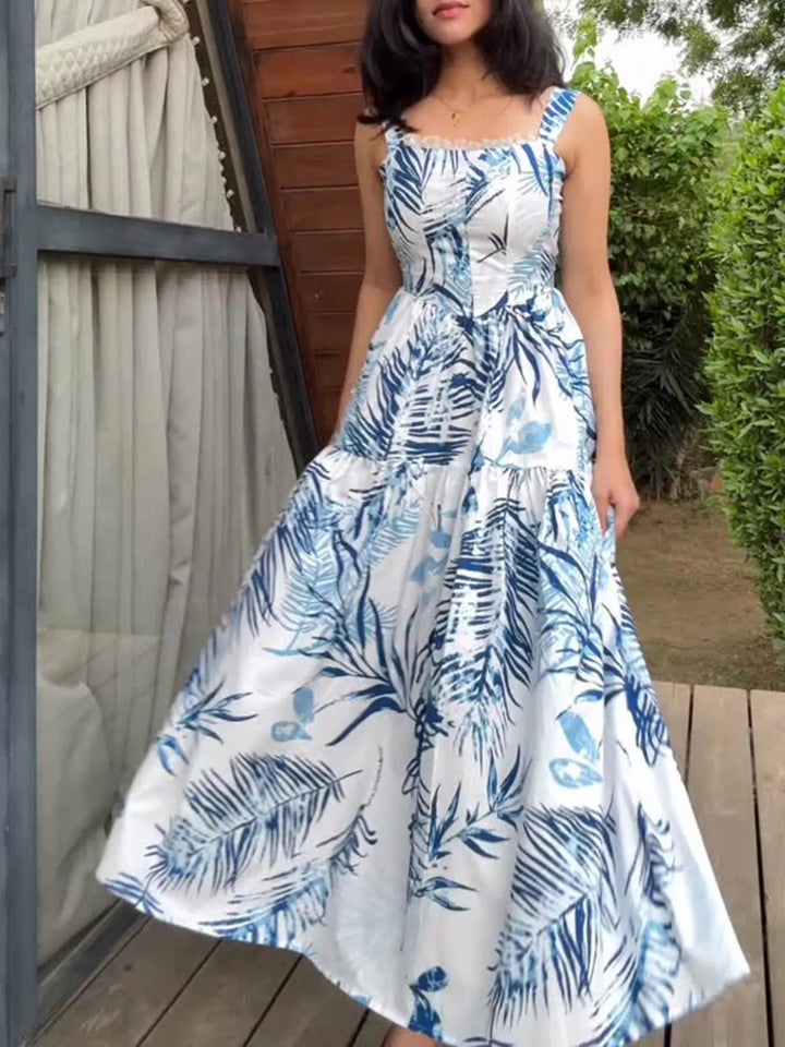 Blue Tropical palm print tiered maxi dress with lace trim