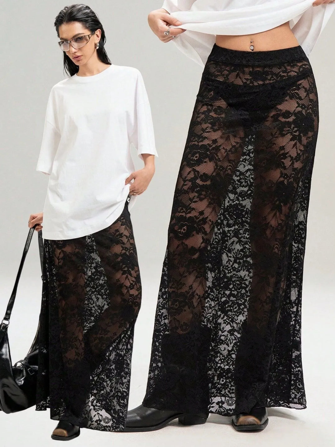 Sheer floral lace maxi skirt with stretch