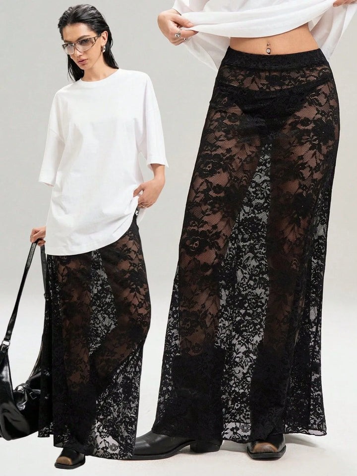 Sheer floral lace maxi skirt with stretch