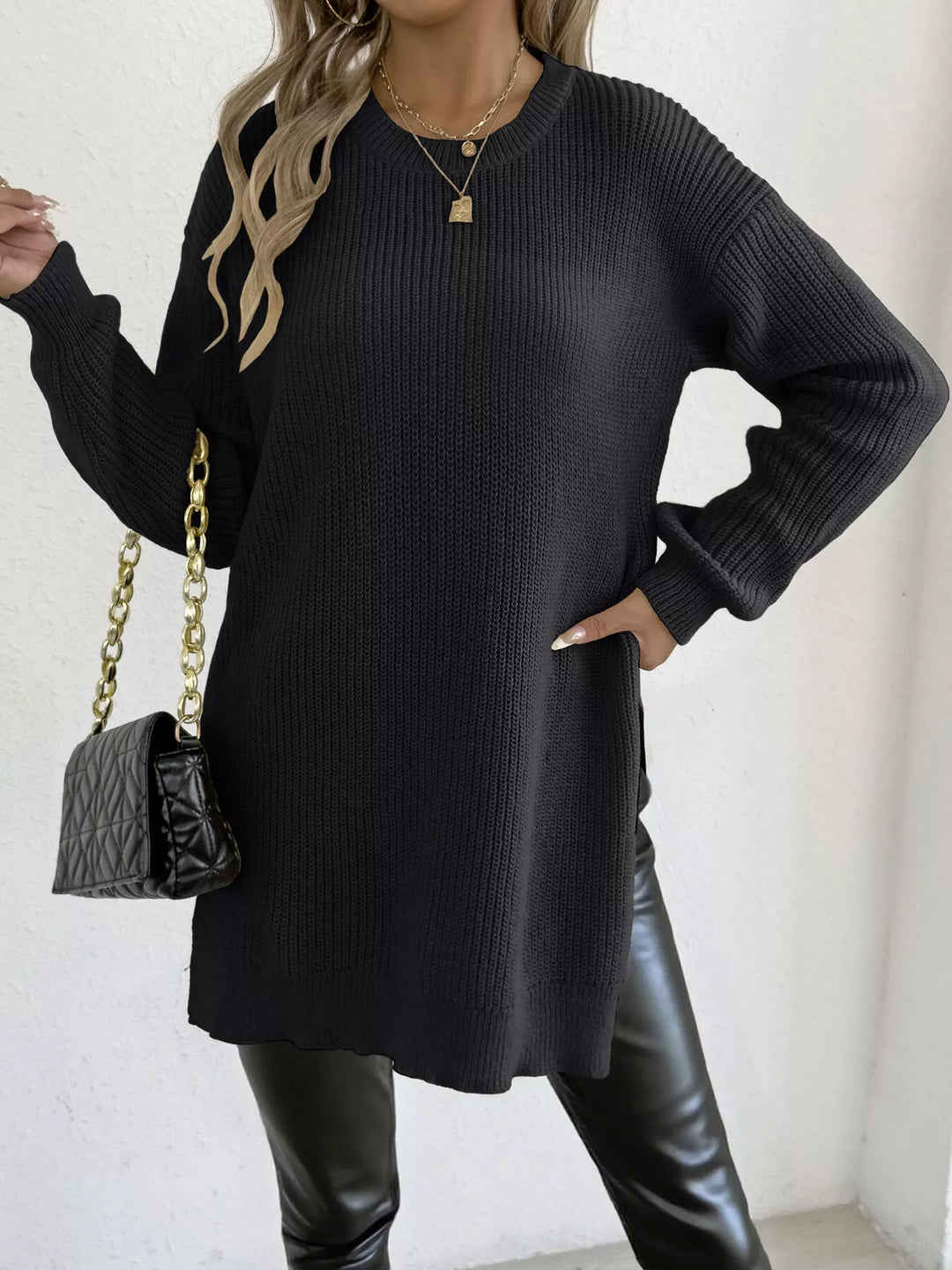 Side-slit ribbed knit tunic sweater with drop shoulders