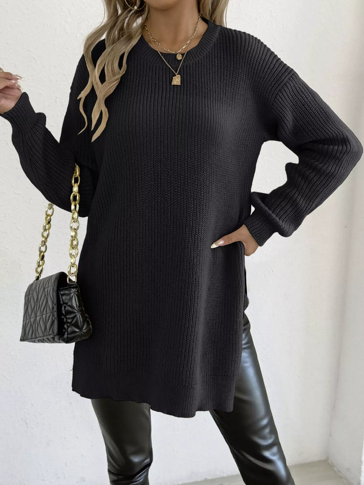 Side-slit ribbed knit tunic sweater with drop shoulders